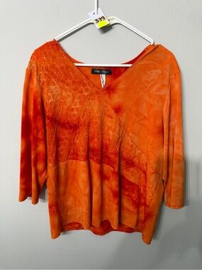 Women’s Only Nine 2X Orange Tie Dye Embroidered V Neck Boho Top Size 2X